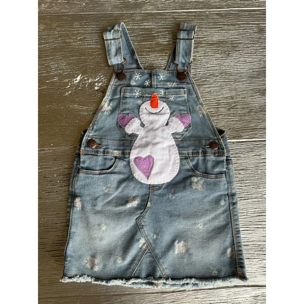 OshKosh B’gosh Girls 3T Denim Snowman Overall Jumper Dress Winter Applique